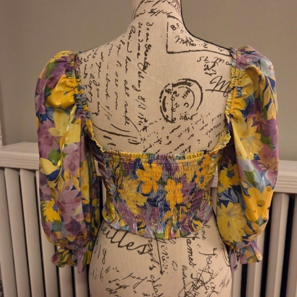 For Love & Lemons Cassia Blue Yellow Purple‎ Floral Print Cropped Top, Sz XS - Picture 3 of 12